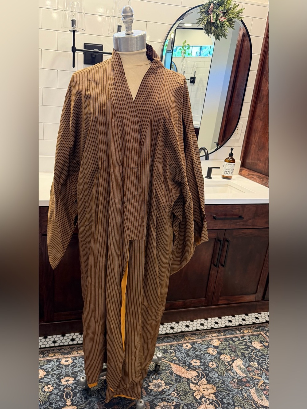Vintage Japanese Silk Kimono Maxi Robe Tokugawa Crest Tsumugi Striped AS IS - Picture 3 of 16